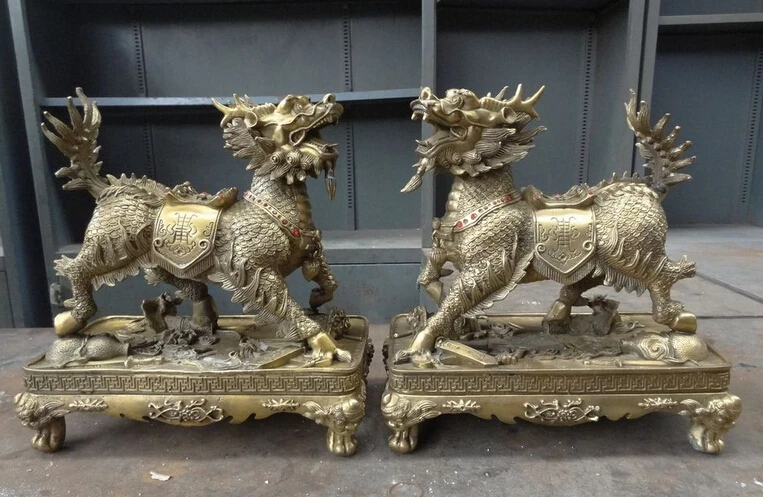 

JP S0608 14"China Brass Auspicious Wealth Chi-Lin BiXie FengShui Dragon Kylin Statue Pair B0403