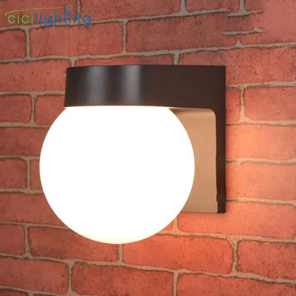 Modern Loft led Outdoor Porch Light, Black White PC Base Milky Acrylic Lampshade E27 Ball Outdoor Wall Lamp Up Down Wall Lamp