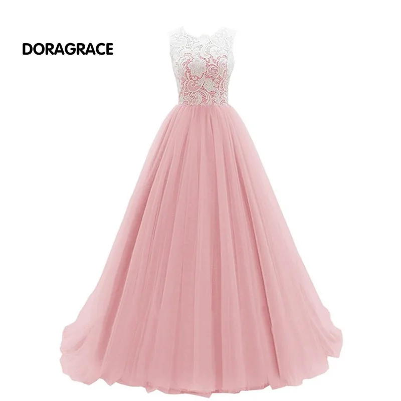 

Romantic A Line Lace Top Floor-Length Long Prom Dresses Tulle Evening Gowns Designer Evening Dresses DGE044