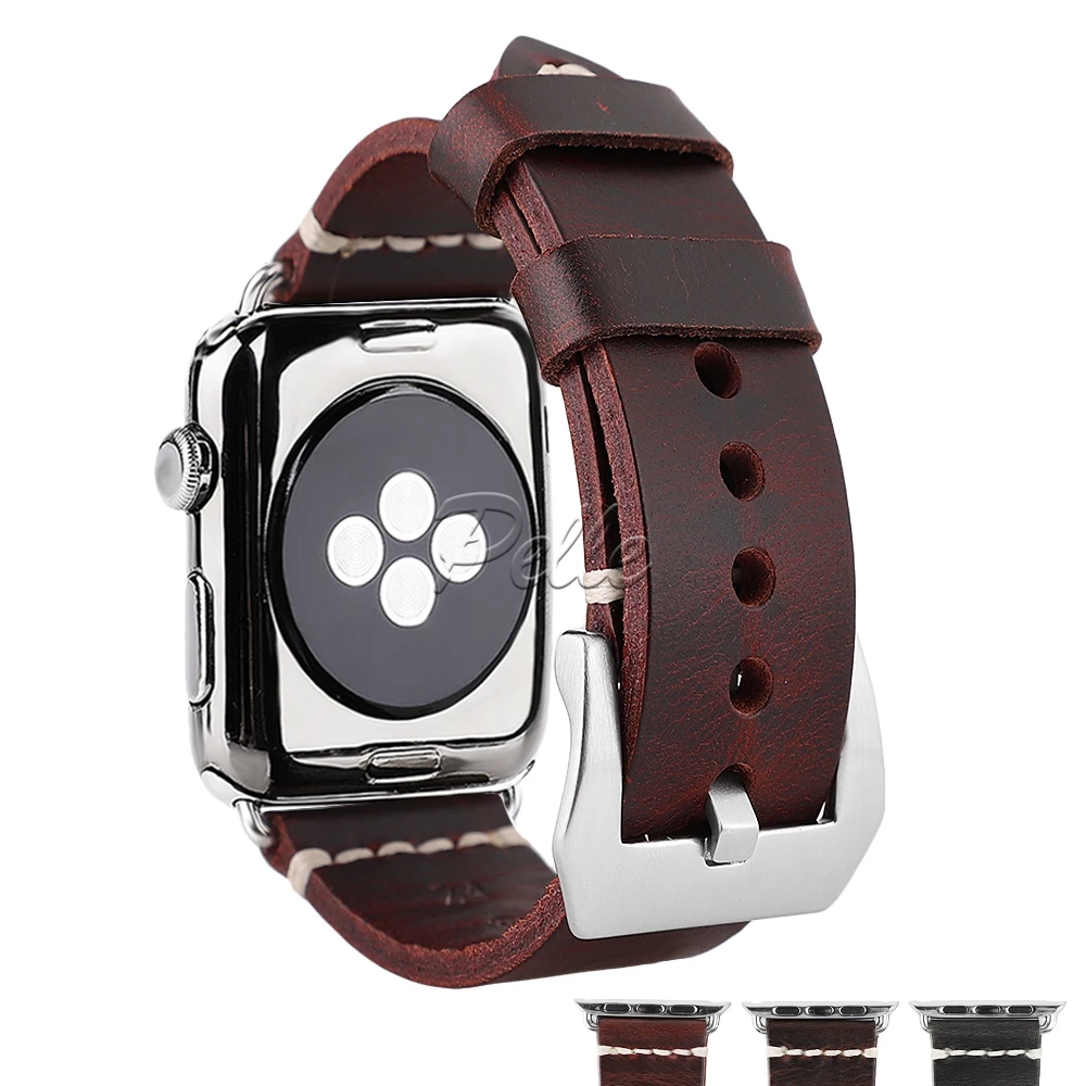 

Pelle New Red Oil Wax Leather Watch Watchband For Apple Watch Bands 38mm 40mm 42mm 44mm iWatch Bracelet with Silver Buckle