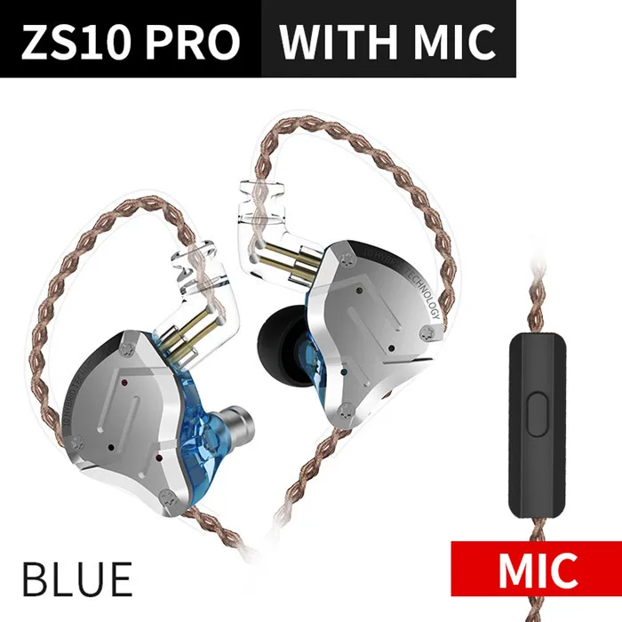 ZS10 Pro в ухо гарнитура Metall 4BA+ 1DD Hybrid 10 единиц Hifi бас наушники монитор наушники Спорт шумоподавление 2PIN - Цвет: ZS10 Pro Blue Mic