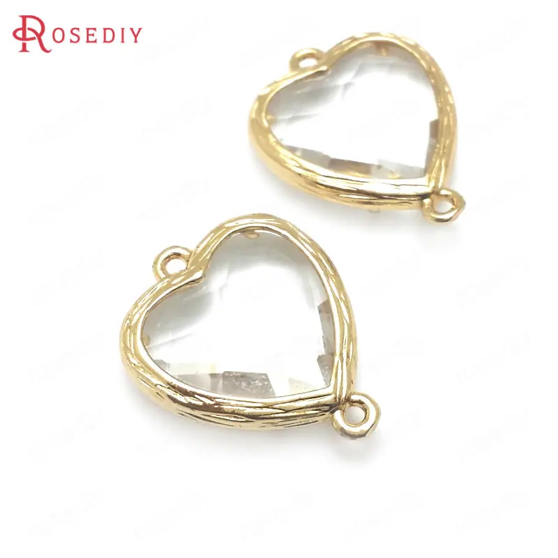 

10PCS 24K Champagne Gold Color Brass with White Glass Faceted Heart Shape Connect Charms Pendants High Quality Diy Accessories
