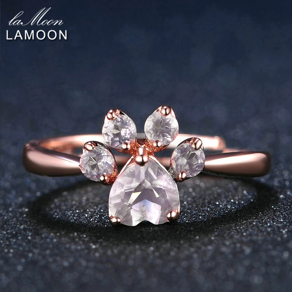 LAMOON 925 пробы Серебряное кольцо для женщин Медвежья Лапа розовый кварц