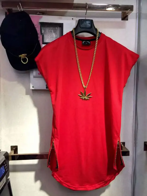 Брендовая новая мужская одежда с боковой молнией, длинная футболка, мужские топы в стиле хип-хоп, Мужская футболка в стиле хип-хоп с коротким рукавом, удлиненные повседневные футболки - Цвет: Красный