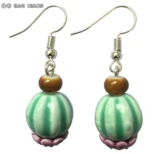 Fashion Jewelry Pure Handmade Silver Plated Earrings Green Ceramic Pumpkin Ball Eardrops Dangler Women Accessories Ear ornaments