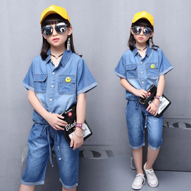 

2019 New Toddler Baby kids Girls Cotton Short Denim Jeans 2Pcs fashion back print summer feature girl clothes DX03065