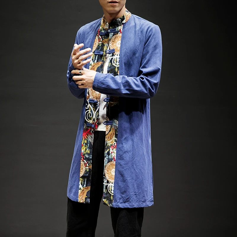 2019 Spring Traditionao Han Fu Coat Linen Men Long Dust coat Chinese Style Loose Printed Clothing Plus size trenches mens