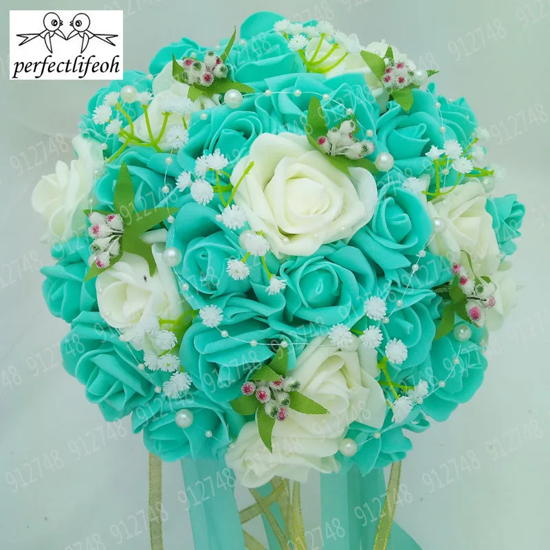 Wedding Bouquets Artificial Rose Flowers Pearls Lace Accents Ribbon