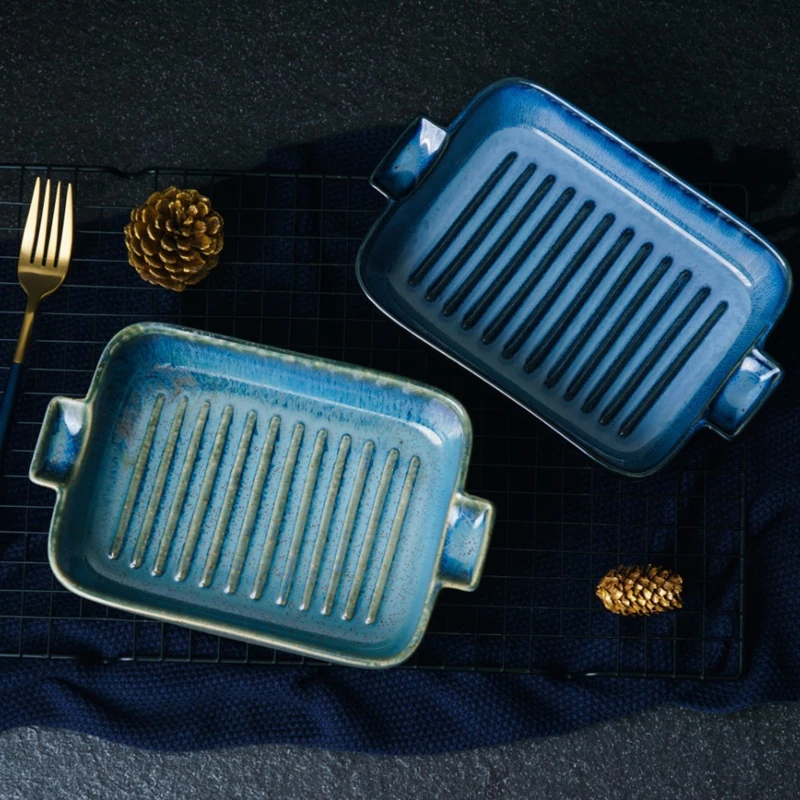 Ceramic Plate Rectangular Dish Dinner Plate Baking Pan Baked Deep Bowl Baked Pan Household Tray With Double Heat Resistance 1pcs