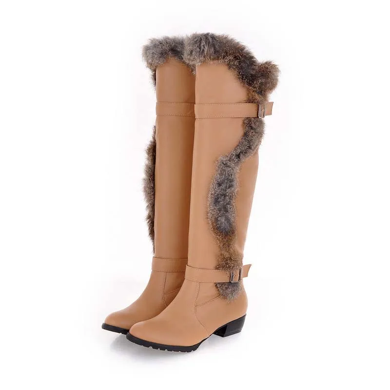 ENMAYLA/теплые высокие сапоги на кроличьем меху женские сапоги до колена на низком каблуке с круглым носком женская зимняя обувь с пряжкой женские сапоги - Цвет: Бежевый