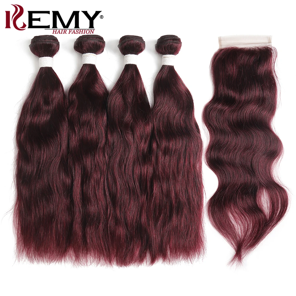 Натуральные волнистые человеческие волосы комплект s с закрытием 4*4 kemy Hair 99J/бордовый красный цвет бразильские косички комплект не реми