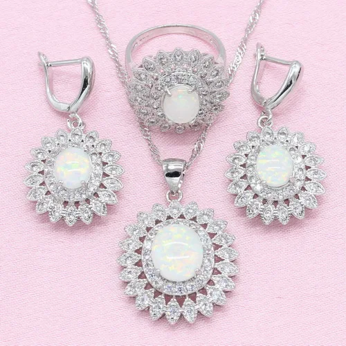Цветок изысканный белый опал 925 Серебряные Ювелирные наборы для женщин вечерние ожерелье серьги кольцо браслет коробка WPAITKYS - Окраска металла: 3JPS    01