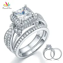 Estrella Sólida Plata de ley 925 Anillo de Compromiso Del Aniversario de Boda del pavo real Set Estilo Vintage Princess Creado Diamante CFR8234