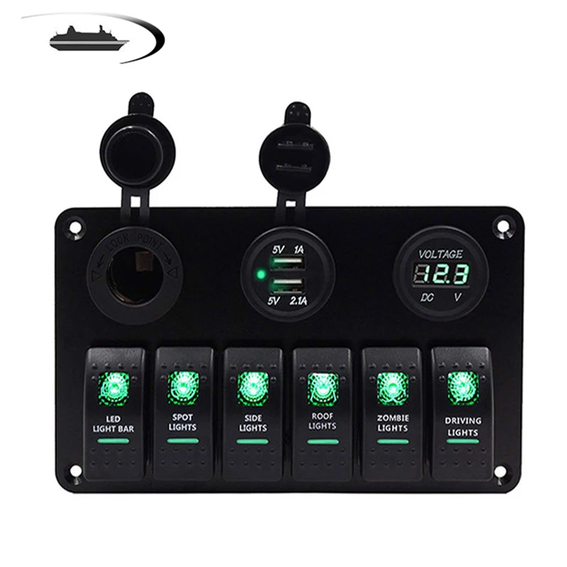 

RV Toggle Switch Panel 5V Dual USB Charger Adapeter 1A&2.1A 12V Power Outlet Voltmeter Cigarette Lighter Socket Fuse Breaker Pro