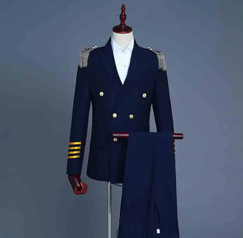 Men`s Deluxe Suit Male Halloween Pilot Captain Cosplay Costume White Navy Blazer+Pants Full Set For Men Plus Size 2XL |