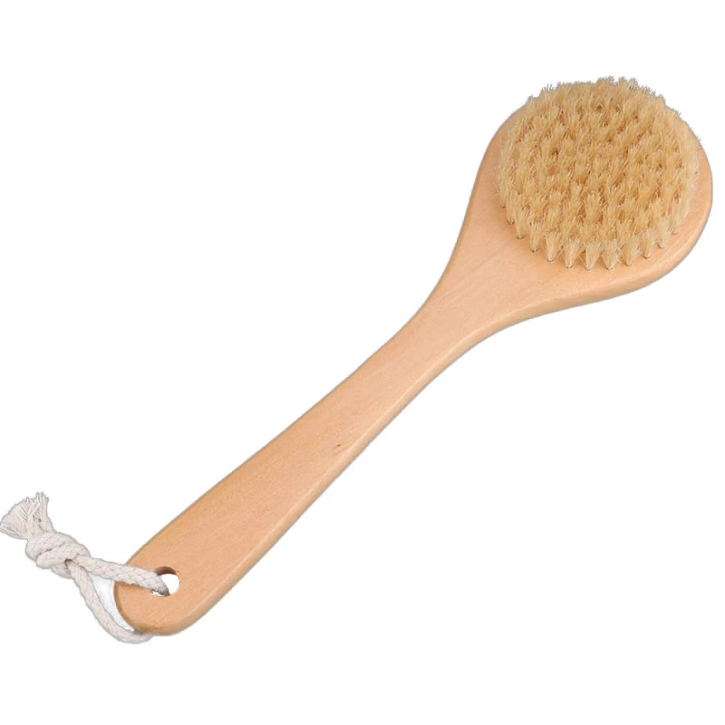 Natural Bristle Middle Long Handle Wooden Shower Body Bath Brush Round