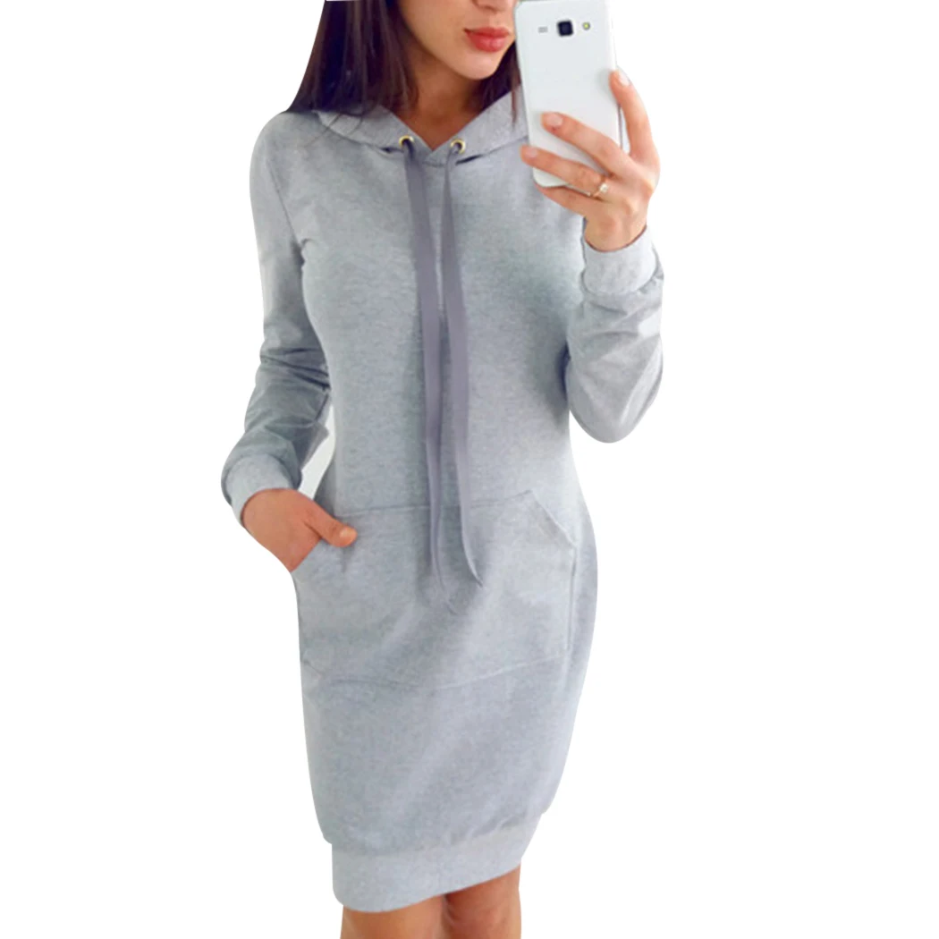 

Autumn Spring Women Long Hoodies Dress Fleece Sweatshirts Cotton Warm Slim Fit Pullover Fashion Pockets Long Sleeve Pull Sweat