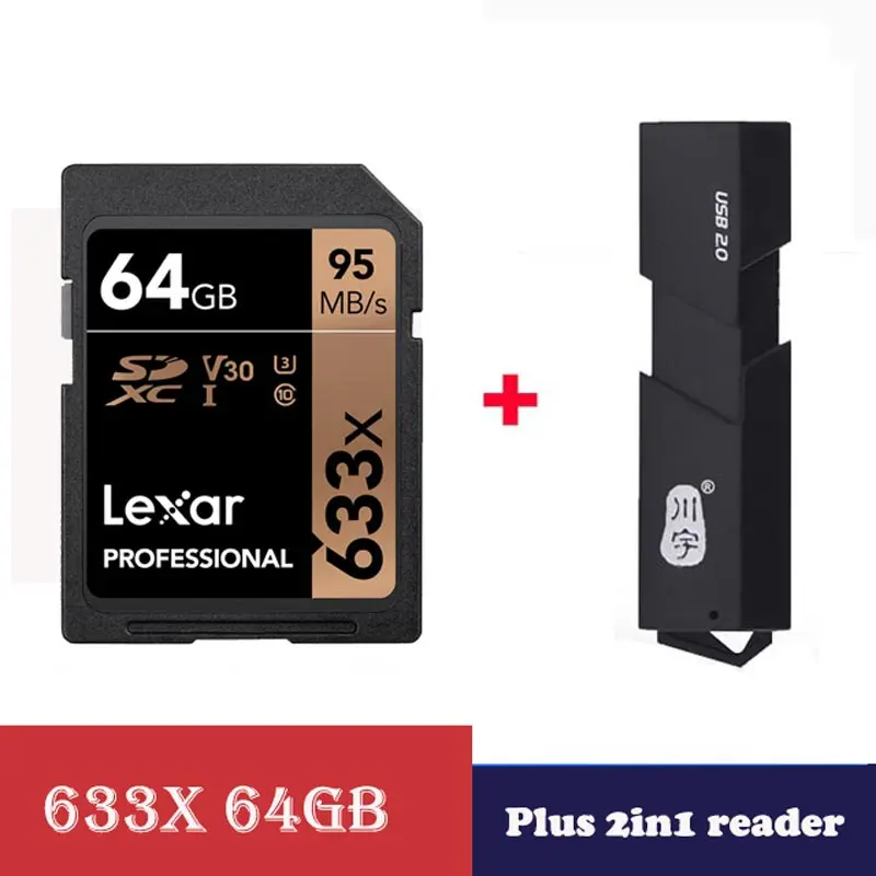 Lexar sd card 64 gb 633x карты памяти Class10 U3 SDXC карт sd 64 Гб 4 K видео memoria carte memoire для Canon Nikon camera sd-карта - Емкость: 633X-64G-2in1 reader