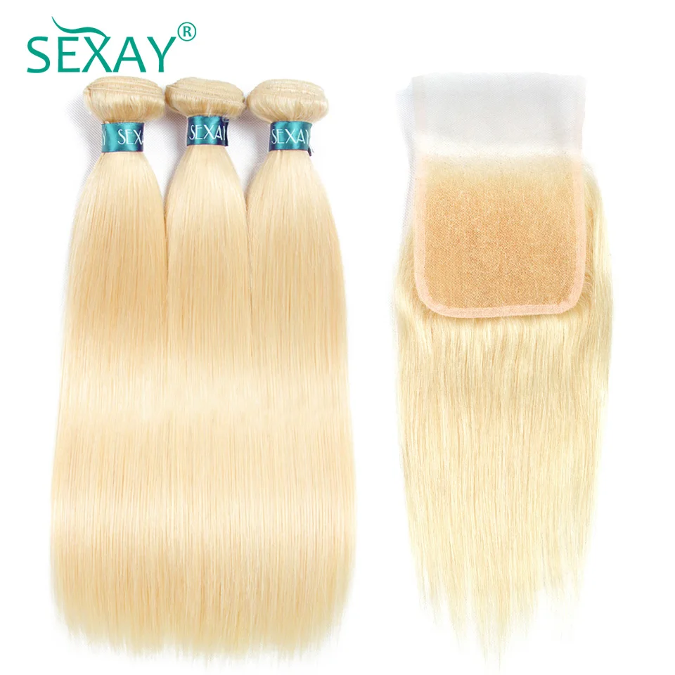 

Sexay 613 Hair Bundles With Closure Pre-Colored Remy Human Hair Brazilian Straight Human Hair Weave 3 Bundles With Lace Closures