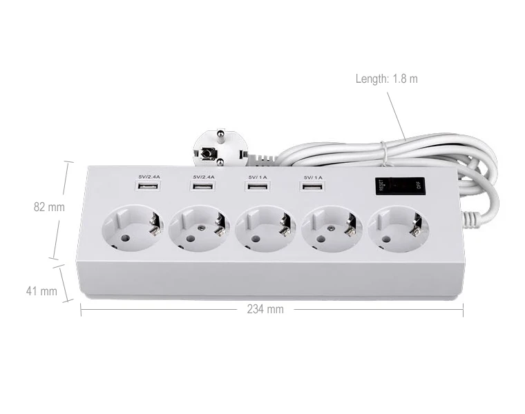 Бесплатное евро 5 интерфейсов USB Сетевой фильтр питания 250В 16А 1.8M кабелем с 4 USB порта и 5 розеткой расширения