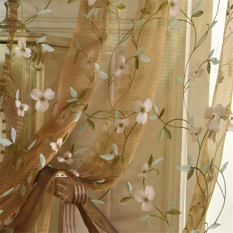 

Coffee embroidered Curtain Embroidery New Window Curtain Tulle Sheer Voile Curtains For Living Room Bedroom Rideaux Chambre