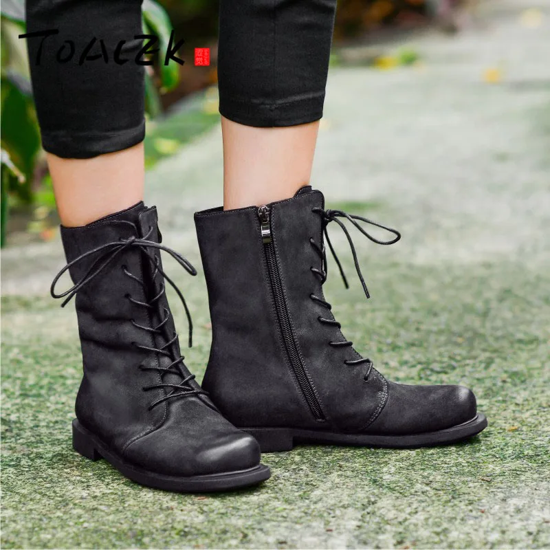 

Handcrafted genuine leather boots winter new style middle leather boots British style simple flat comfortable female boots