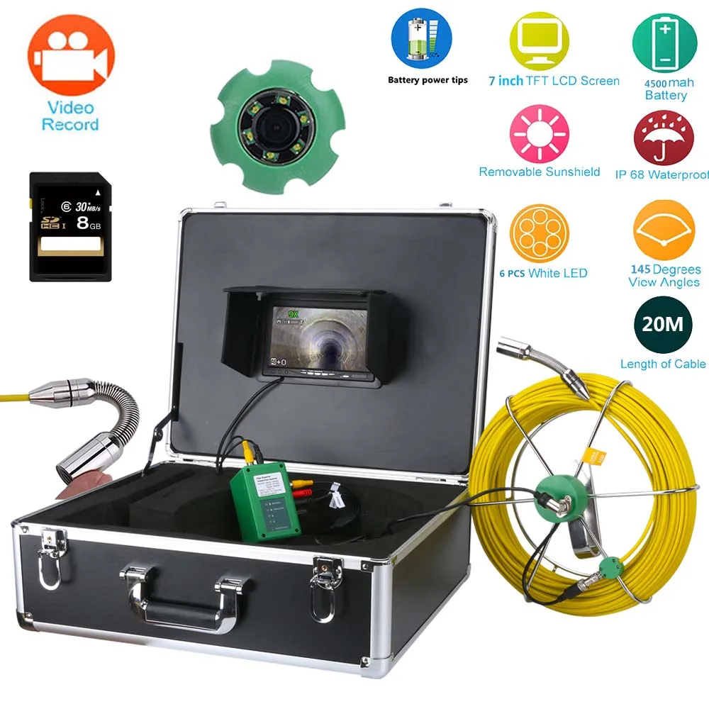 Pipe Pipeline Inspection Camera, 7inch 1000TVL DVR Recorder Drain sewer Industrial Endoscope Waterproof IP68 Snake Video System