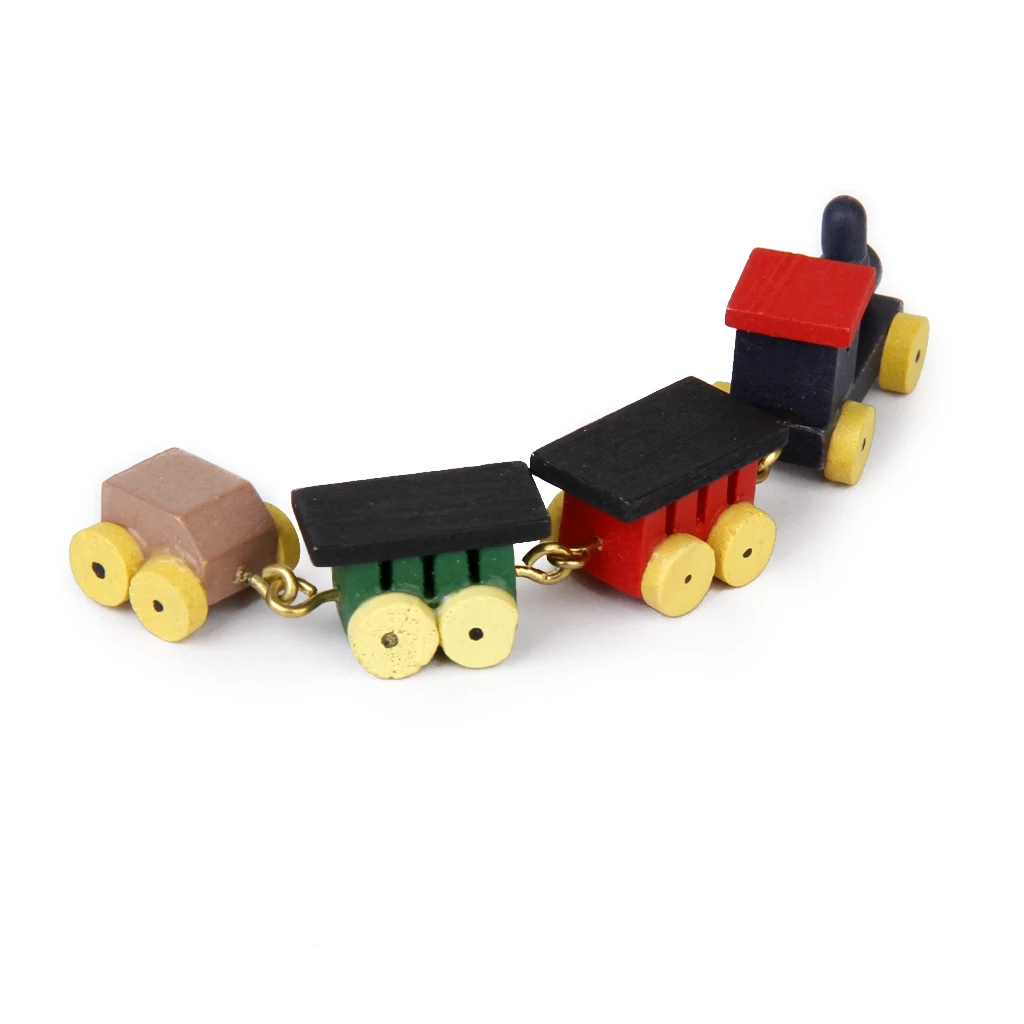 Cute 1/12 Dollhouse Miniature Painted Wooden Toy Train Set and Carriages tbHK 
