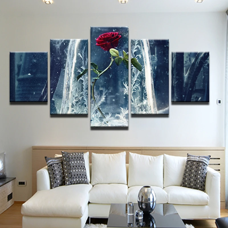 

Modular Canvas Home Decor Wall Living Room Printed Poster 5 Pieces Beauty And The Beast Painting Red Rose Flower Pictures