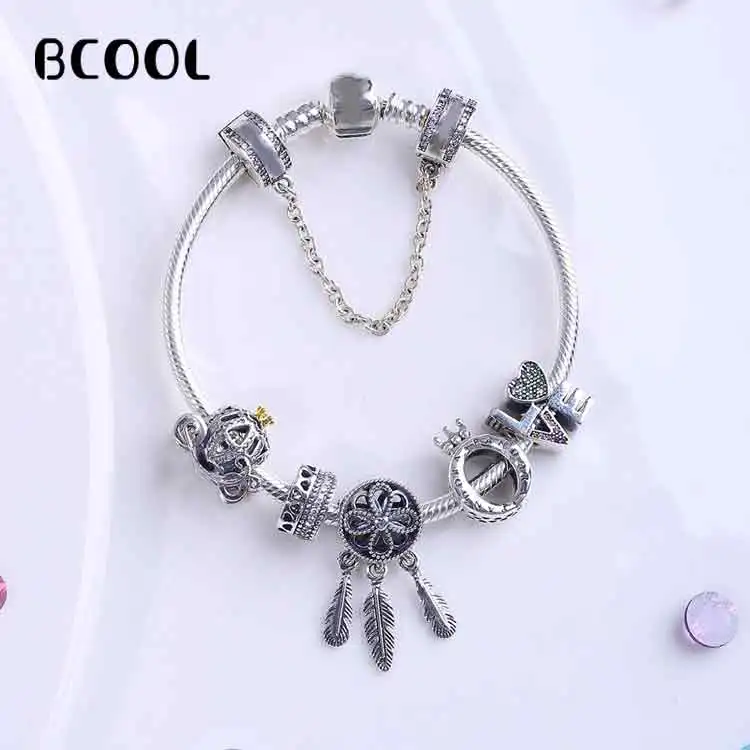 

100%925 Sterling Silver Original Copy 1:1 Retro Silver Charm Bracelet With Matching Color Fine Feather Bracelet Women's Jewelry