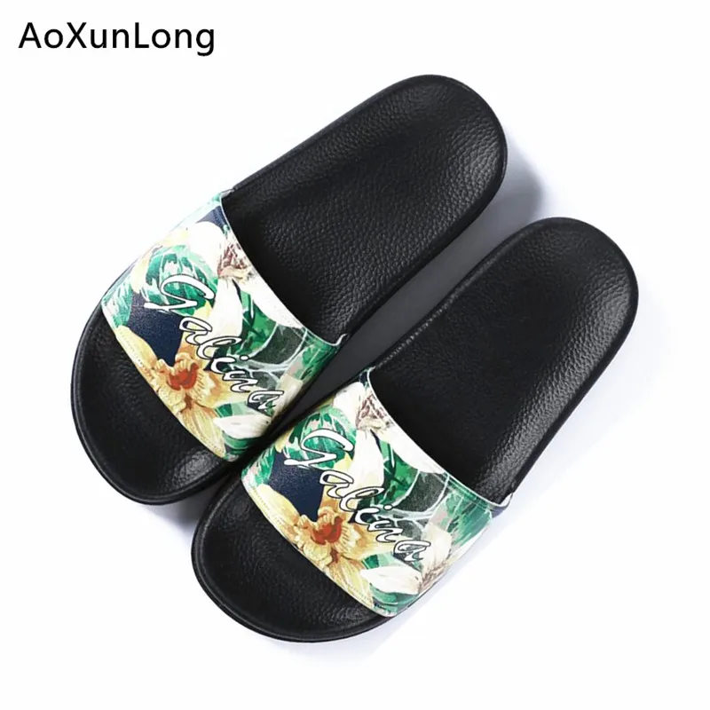

AoXunLong Summer Flower Slippers Women Fabric Beach Slippers Outdoor Non-slip PVC Slippers Black EU Size 36-40 Women Shoes Hot