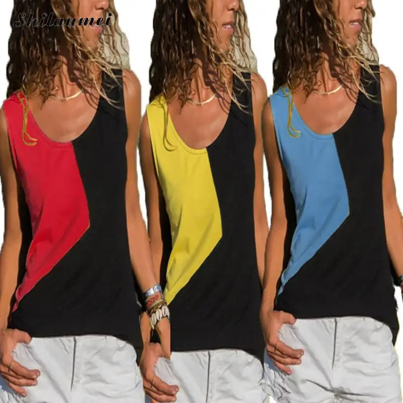 

Fashion Women Plus Size Patchwork Sleeveless O-Neck T-Shirt Tank Top Vest Causal Loose Summer Vest Tee Shirt Women Clothing Tops
