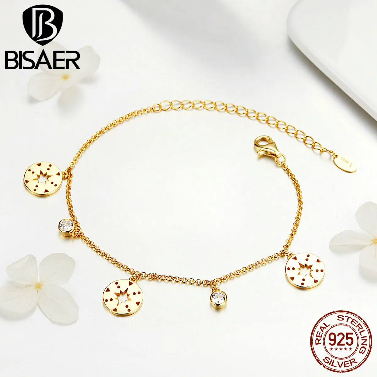 

BISAER 925 Sterling Silver Clear CZ Openwork Sun Gold Color Chain Bracelet for Women Valentine Gifts Fashion Jewelry GXB121