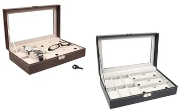 

2 In One 6 Grids+3 Grid PU Leather Watch Case Storage Organizer Box Fashion Sunglasses Display Watch Boxes 2 Colours 33*20*8cm