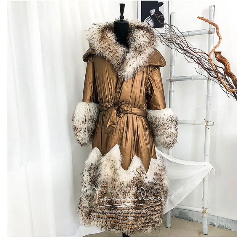 Куртка с капюшоном на утином пуху, Женская парка, Natura монгольские овцы, длинное пуховое пальто с мехом, Женское зимнее плотное теплое меховое пальто, модели подиума