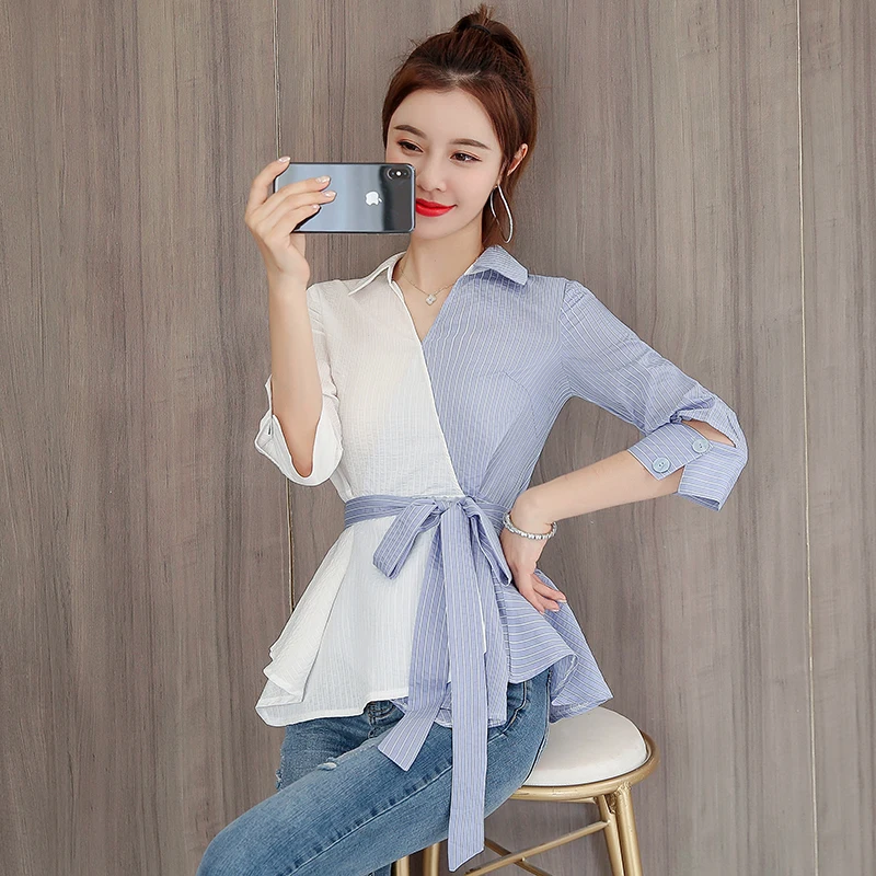 

2019 New Summer Women Shirtslt Striped Patchwork V-Neck 7 Points Sleeve Blouse Shirt White 5680