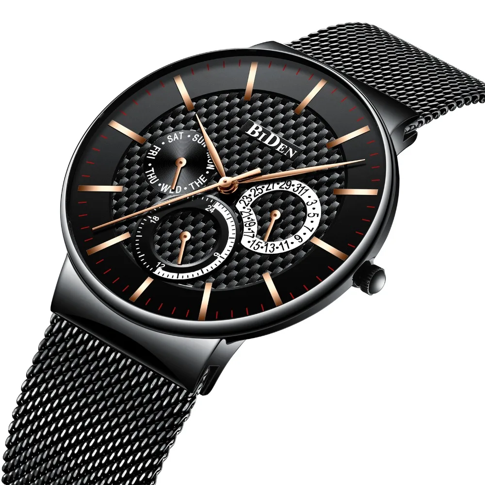 

Mens Watches 3Meter Luxury Waterproof Quartz Men Black Mesh Stainless Steel Fashion Wristwatches Clock Sports Watch For Male