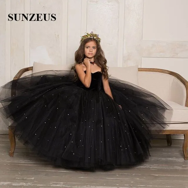 Long Black Girls Party Dress Ball Gown 