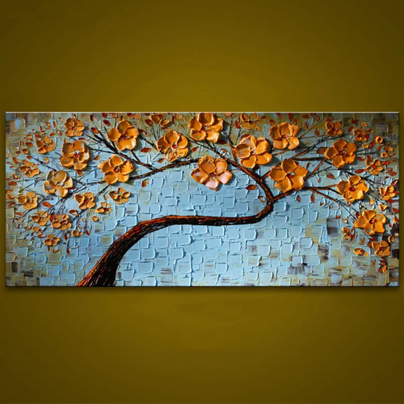 

Hand-painted Abstract Flower Oil Paintings Modern Home Decor Wall Art Knife Yellow Gold Floral Pictures Large Canvas Painting