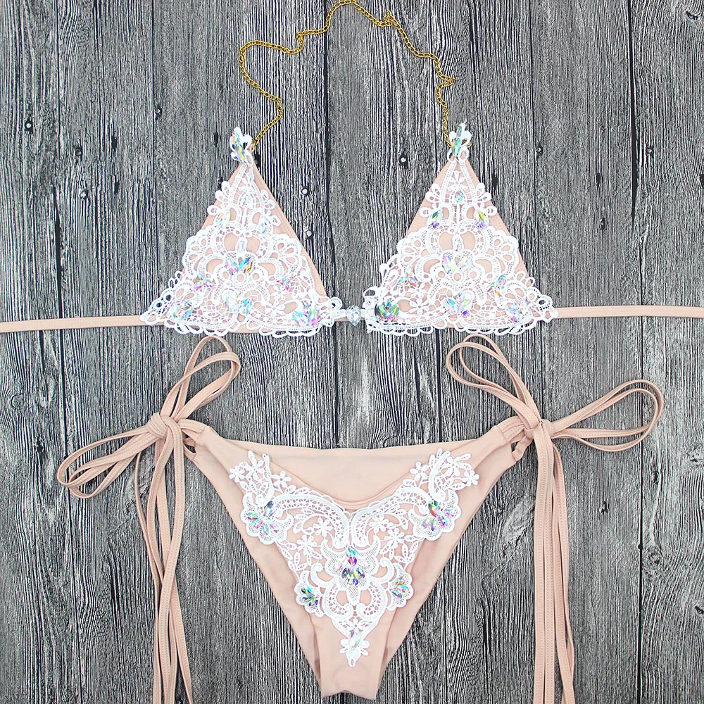 Bikini Pink Bandage Diamond Crystal Embroidered Two Piece Swimsuit With