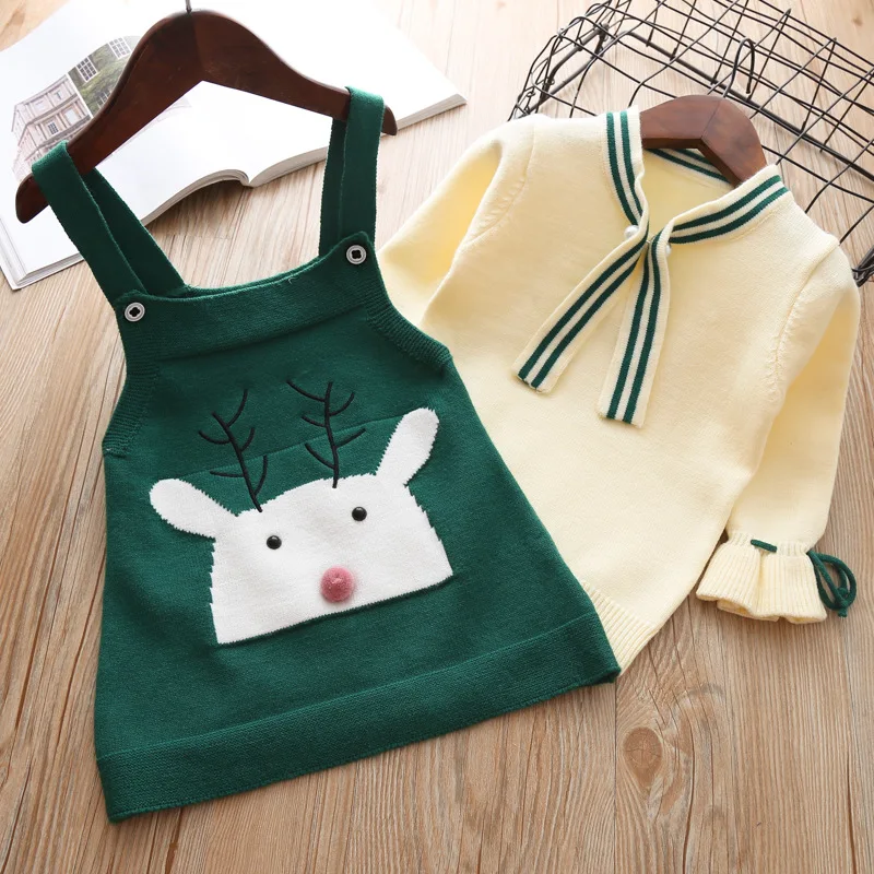 

2018 Autumn Winter New Girls sweater dress Set Kids Baby Sweater Children Clothing Cotton Knitted Cartoon Outfit Pullover Suit