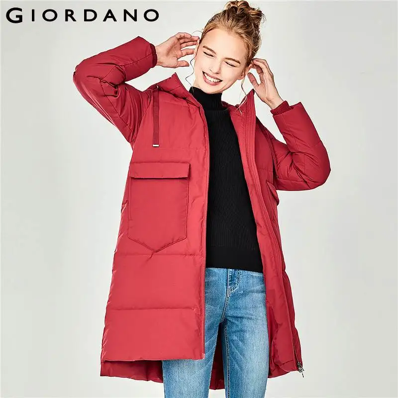 

Giordano Women Down Jacket Women Machine Washable Drawstring Hood Long Style Down Jacket Women Zip Closure Slant Pocket Doudoune