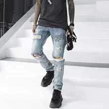 Aolamegs байкерские джинсы, мужские джинсовые штаны с надписями и дырками, мужские винтажные обтягивающие джинсы, мешковатые брюки, джинсы для мальчиков, модная уличная одежда