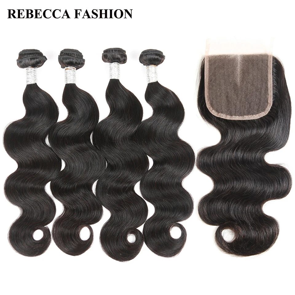 Rebecca Brazilian Body Wave Remy Human Hair 4 Bundles with Closure Natural Hair Weave 400g 4x4 Lace Closure Hair Extensions body-wave-weave