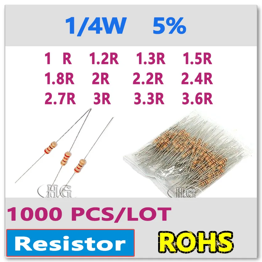 

JASNPROSMA 1000PCS/LOT 5% 1/4W 1R 1.2R 1.3R 1.5R 1.8R 2R 2.2R 2.4R 2.7R 3R 3.3R 3.6 Rcarbon film DIP OHM Resistor