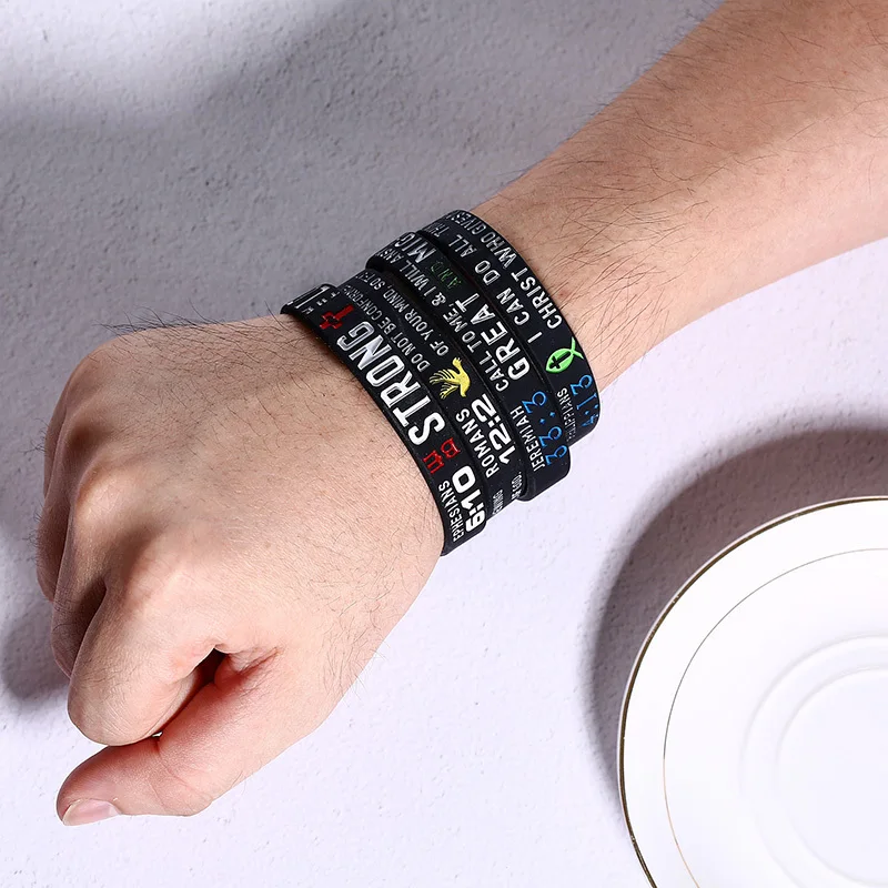 Vnox 4Pcs/Set Men's Rubber Bracelet with "Power of Faith" Bible Verse Wristbands Christian Religious Prayer Jewelry Gifts