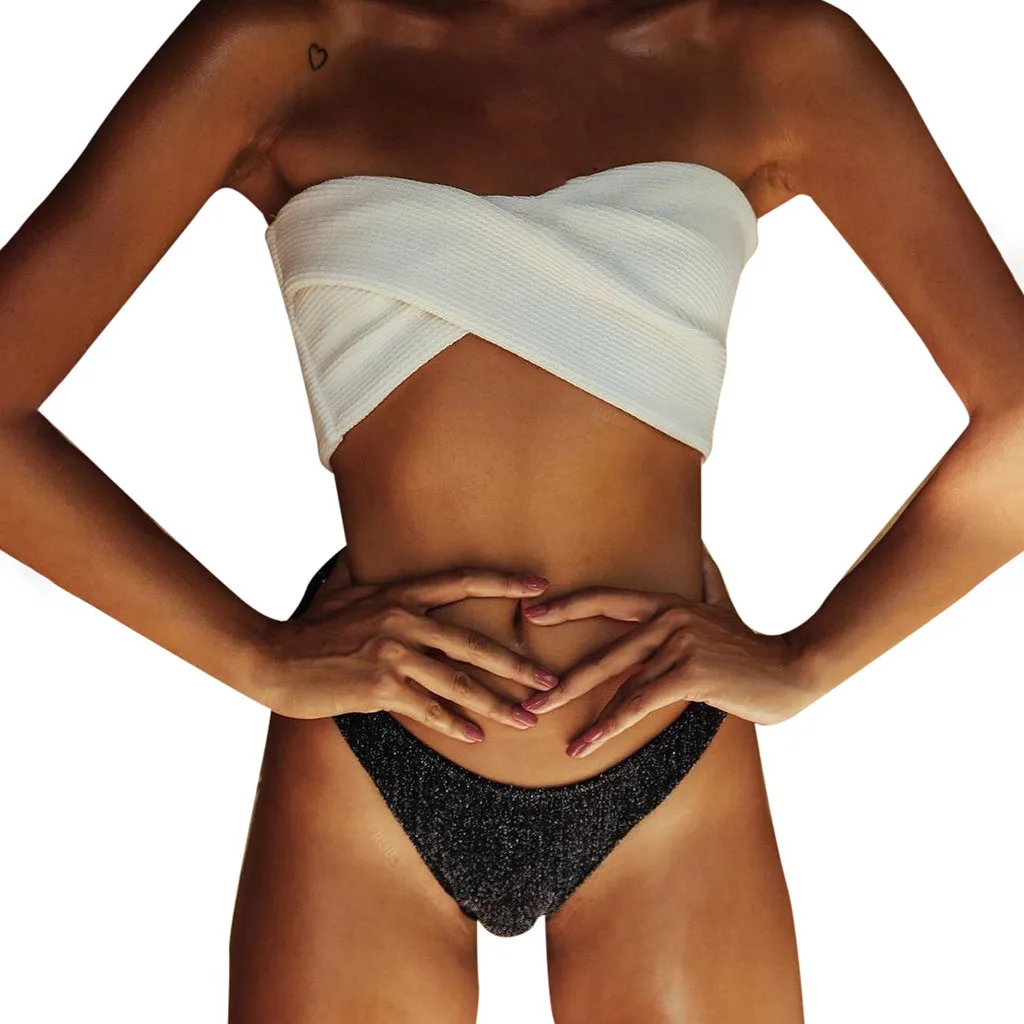 

Flash Of Light Irregularity Bikini Set Seaside Pool Bandage Tube Top Solid Sexy Women Summer Split Body Swimsuit Biquinis #D1