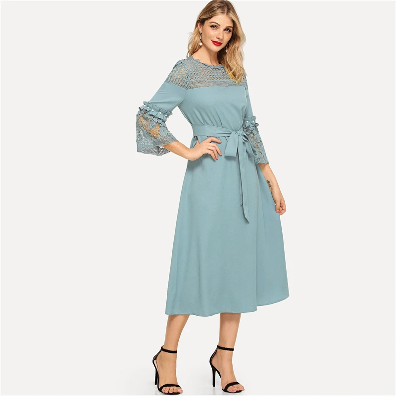 Sheinside, синее кружевное платье с хомутом и рукавами, с жемчугом, с бисером, с поясом, для женщин, с рюшами, с соединением, длинные офисные платья, ТРАПЕЦИЕВИДНОЕ элегантное платье