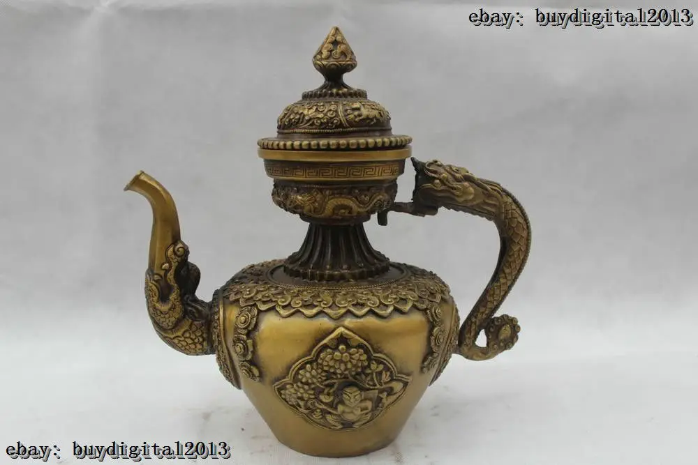 

11"Chinese Collect Folk Pure Bronze Lucky beautiful Dragon head Pot jug