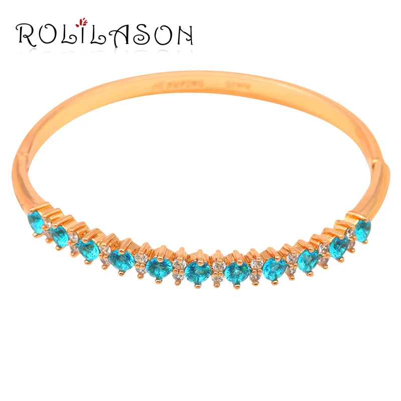 

ROLILASON Gorgeous wave design Blue Zircon ladies golden bangle delicate wedding item fashion jewelry TB481